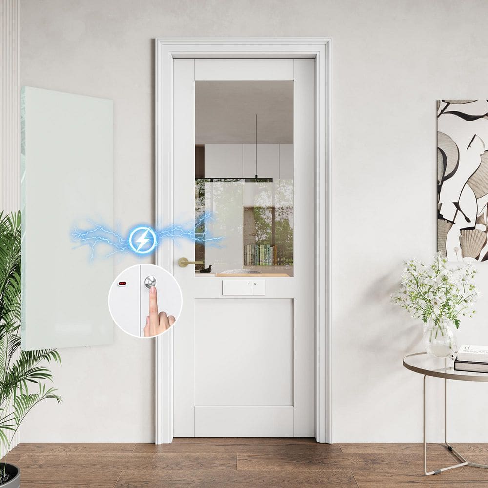 30 in. x 80 in. Solid Core 1/2-Lite Switchable Glass White Primed MDF Wood Interior Door Slab with Hardware, 1 Battery