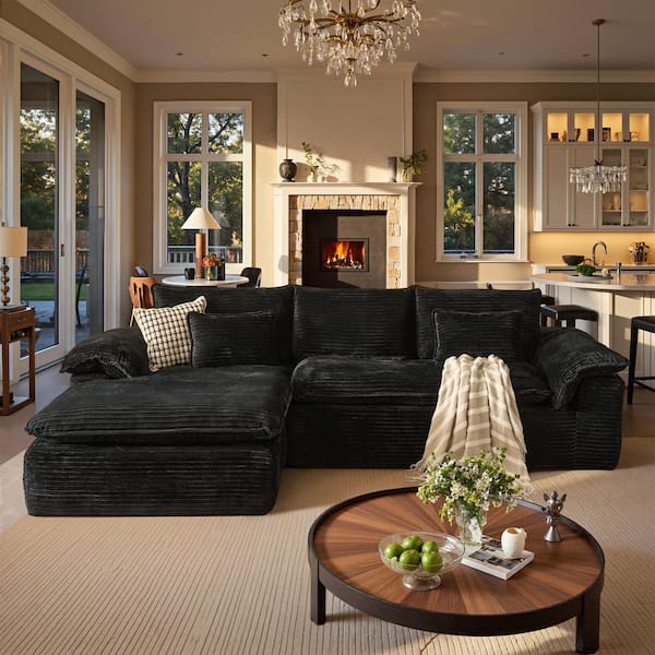 TOTO 112 in. Wide Arm 2-Piece Modern Plush Corduroy L-Shape Modular Sectional Sofa in Black with Left Chaise