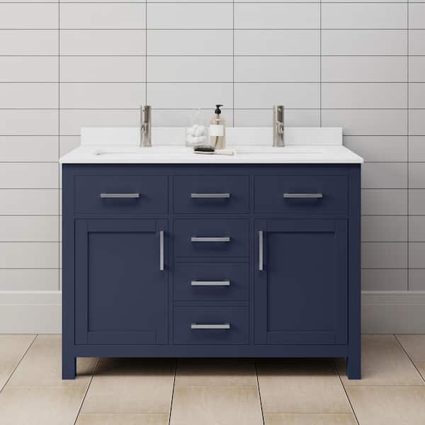 Wyndham Collection Beckett 48 in. W x 22 in. D x 35 in. H Double Sink Bathroom Vanity in Dark Blue with White Cultured Marble Top