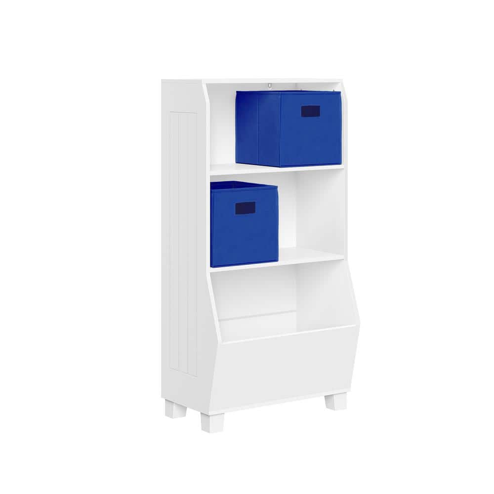 Kids White Bookshelf with Blue Fabric Bins and Veggie Bin