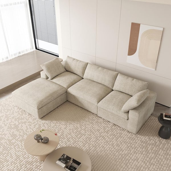 J&E Home 120.45 in. W Square Arm Linen L-Shaped 4-Pieces Modular Free Combination Sofa with Storage Ottoman in Brown
