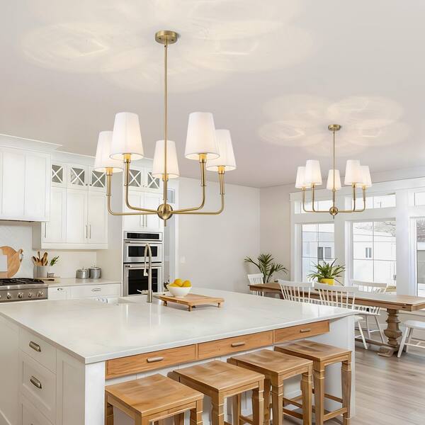 TinHon 5-Light Modern Gold Chandelier with White Fabric Shades for