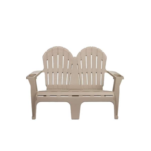 StyleWell 54 in. Putty Beige Plastic 2-Person Outdoor Adirondack Bench with Phone and Cup Holders