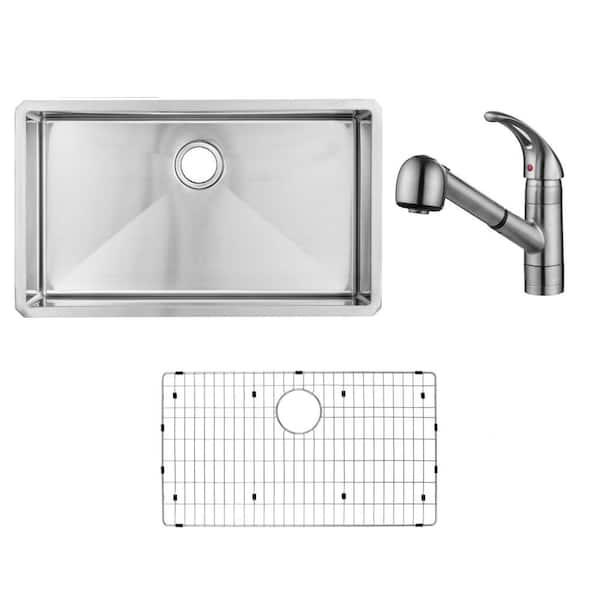 Undermount 16 in. 18-Gauge Stainless Steel Bar Sink in Brushed Stainless with Low Profile Pull Out Kitchen Faucet Undermount 16 in. 18-Gauge Stainless Steel Bar Sink in Brushed Stainless with Low Profile Pull Out Kitchen Faucet