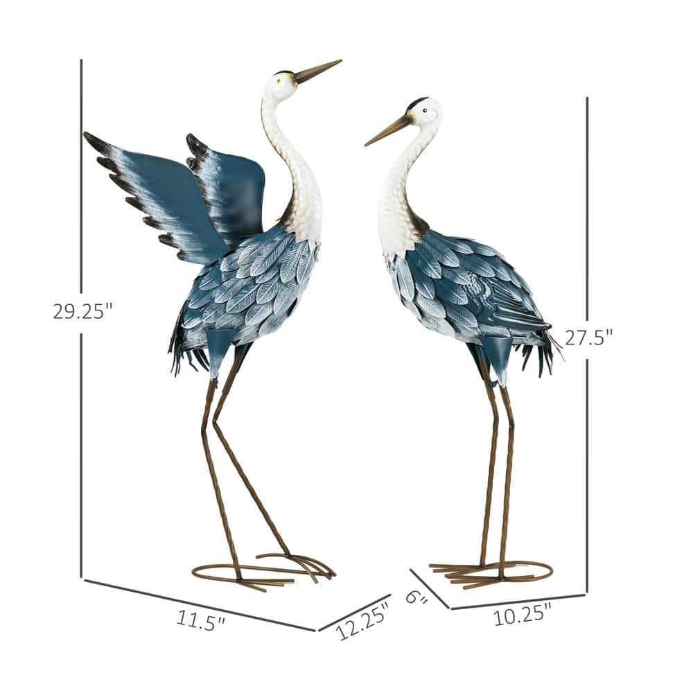 Blue and White Metal Heron Garden Statues Set of 2
