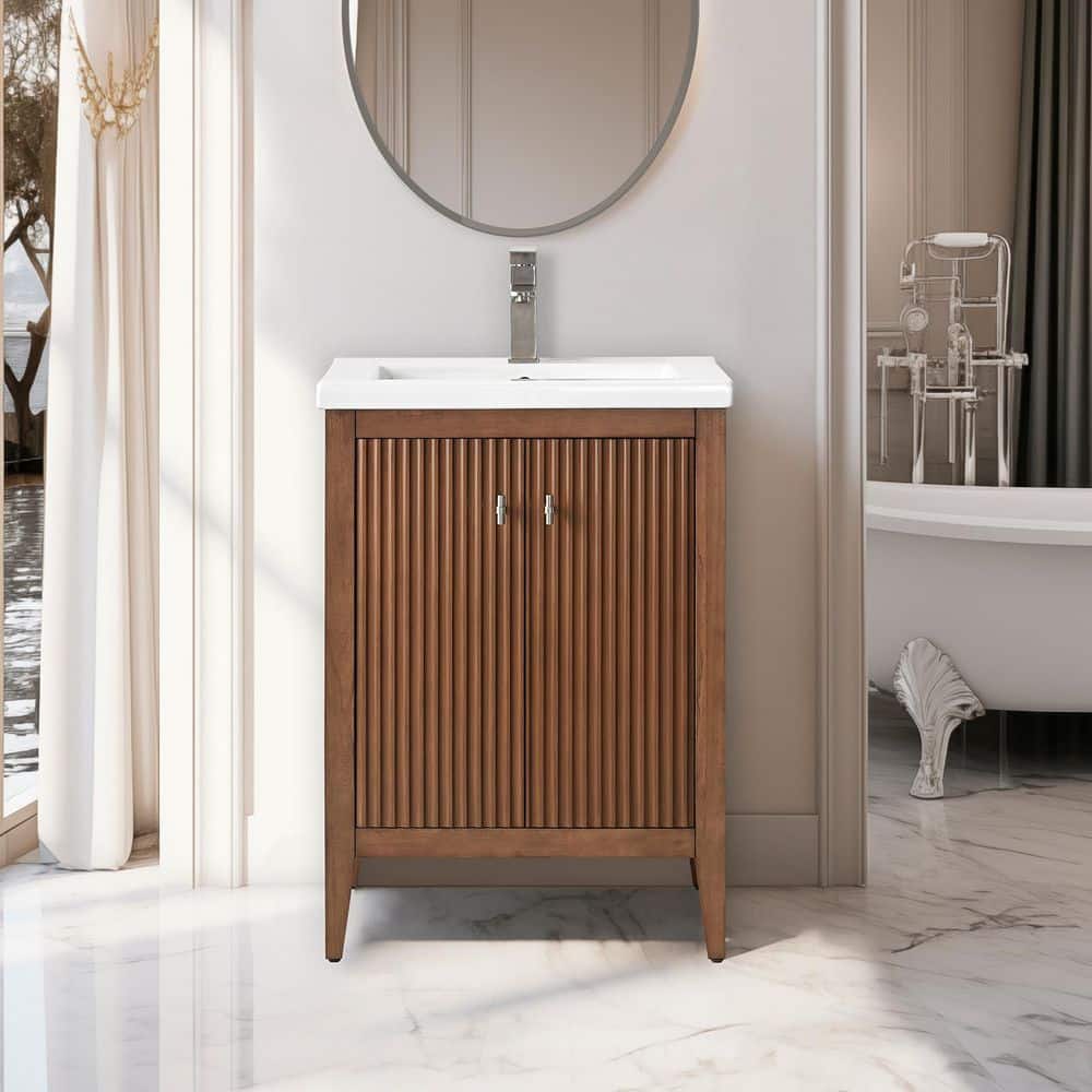 Walnut and White Ceramic Single Sink Bathroom Vanity Cabinet