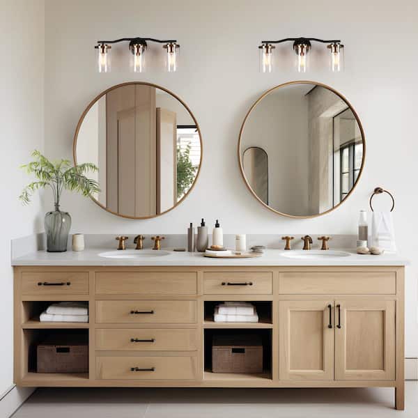 21 in. 3-Light Modern Brass Gold Bathroom Vanity Light, DIY Black Bath Light, Farmhouse Wall Sconce with Clear Glass