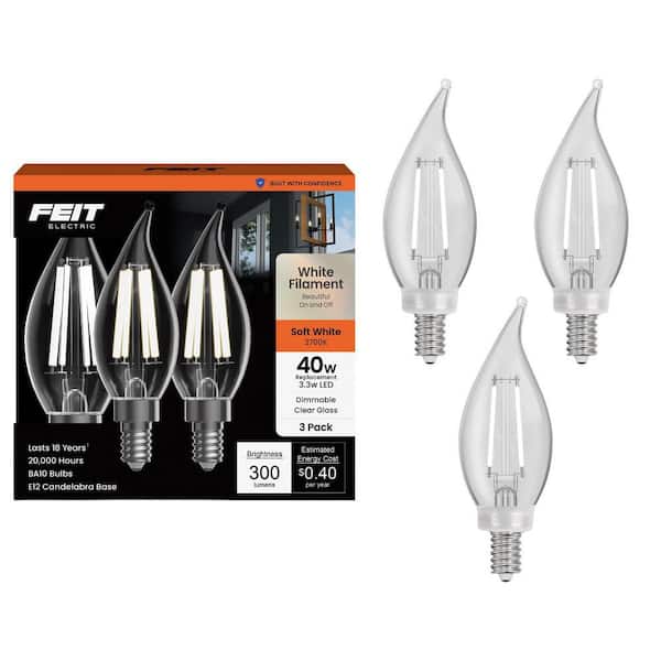 40W Equivalent BA10 E12 Candelabra Dim White Filament Clear Glass Chandelier LED Light Bulb Soft White 2700K (3-Pack)