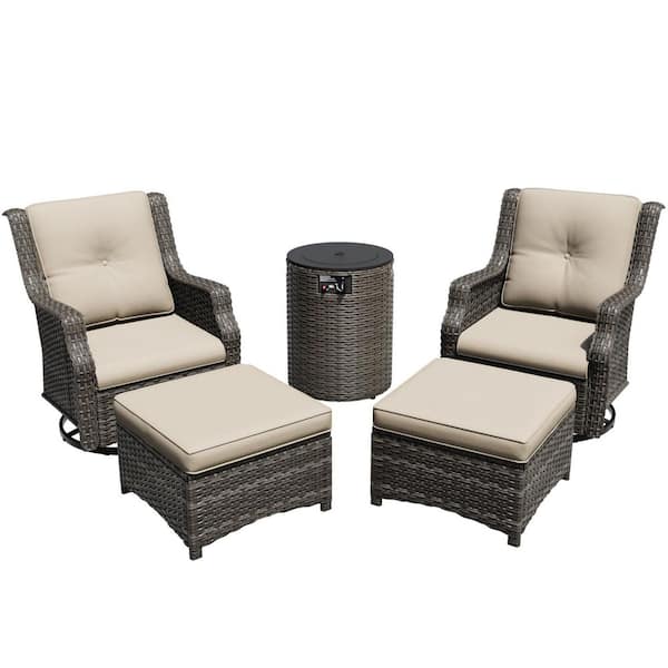 5-Piece Fire Pit Patio Set Wicker Outdoor Patio Conversation Set with Swivel Rocking Chairs, Ottomans and Beige Cushions