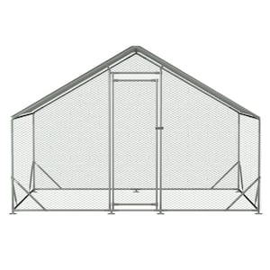 10' L x 6.6' W x 6.56' H, Metal Chicken Coop, Walk-In with Waterproof Cover, Lockable, Pointed Roof, White