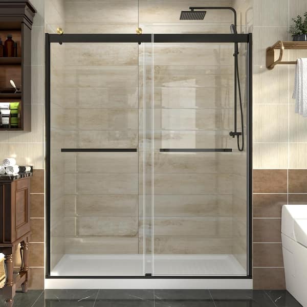 ES-DIY Luxury 56 in. W - 60 in. W x 74 in. H Sliding Frameless Shower Door in Black and Gold with Clear Glass (8mm)