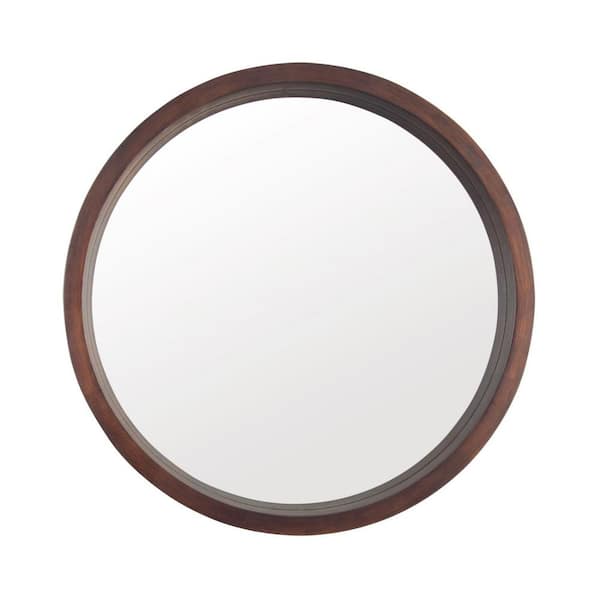 JASMODER 24 in. x 24 in. Farmhouse Round Framed Vanity Mirror with Brown Wood Frame