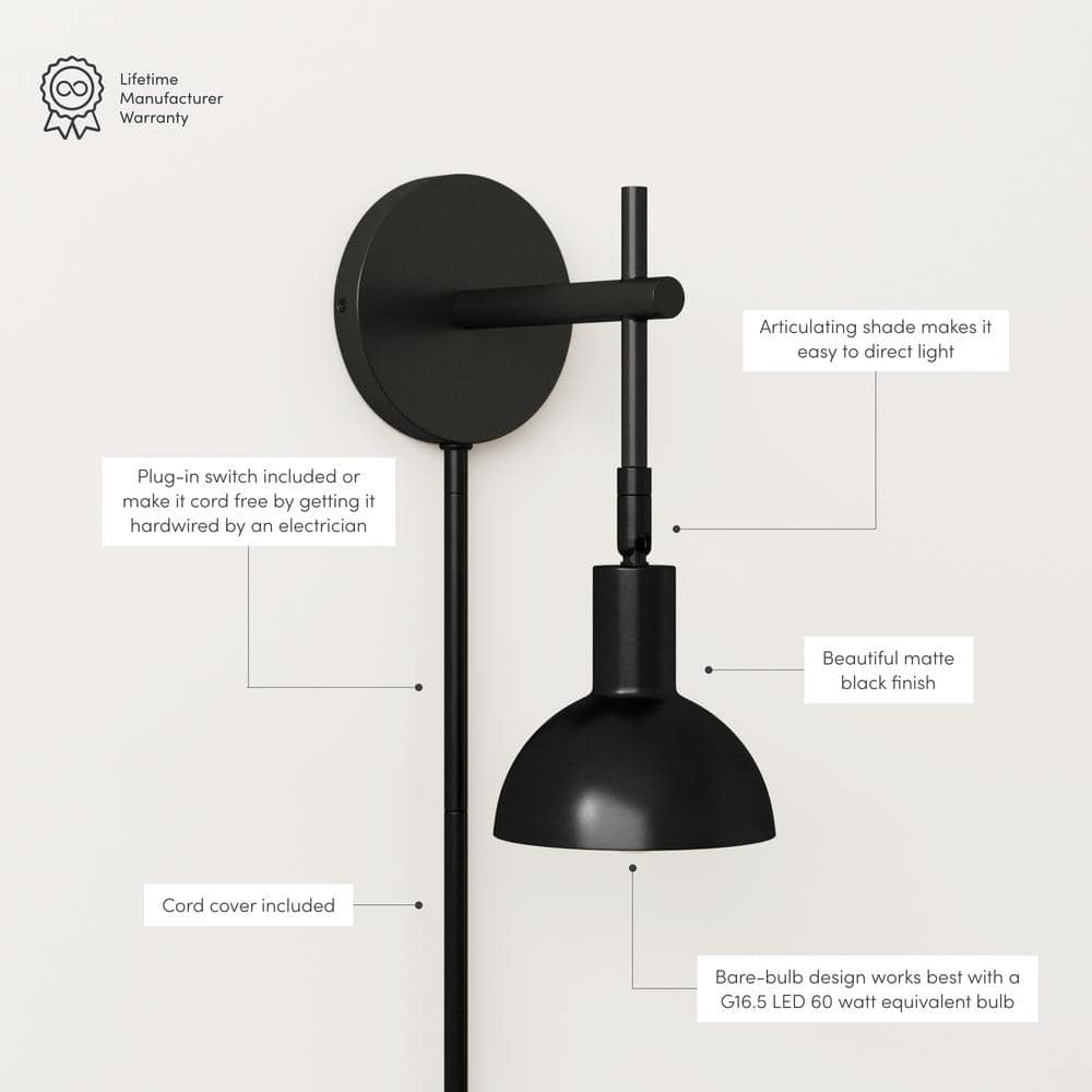 Matte Black Adjustable Metal Wall Sconce with Bell Shade