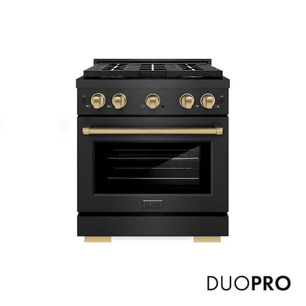 Autograph 30 in. 4.2 cu. ft. Paramount Gas Range with 4 Burner DuoPro Cooktop in Black Satin and Champagne Accents