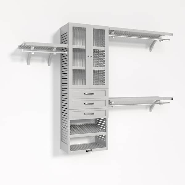 72 in. W - 120 in. W White Walk in with 3 Shaker Style Drawers and Glass Door 16 in. Shelf Wood Closet System