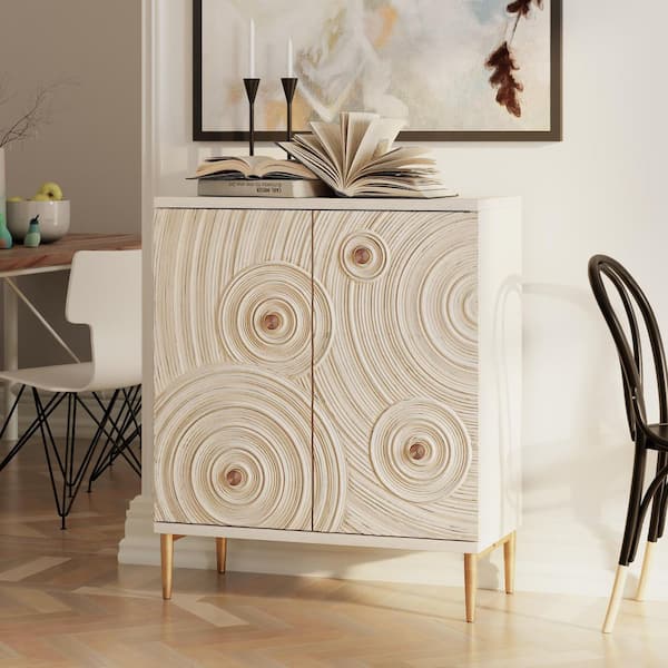FUIN Rustic Boho White 37.8 in. H Storage Cabinet with Ring Motif