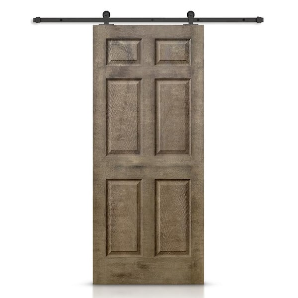 CALHOME 30 in. x 80 in. Vintage Brown Stain Composite MDF 6 Panel Interior Sliding Barn Door with Hardware Kit