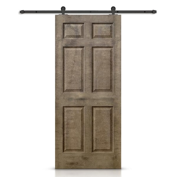 CALHOME 36 in. x 80 in. Vintage Brown Stain Composite MDF 6 Panel Interior Sliding Barn Door with Hardware Kit