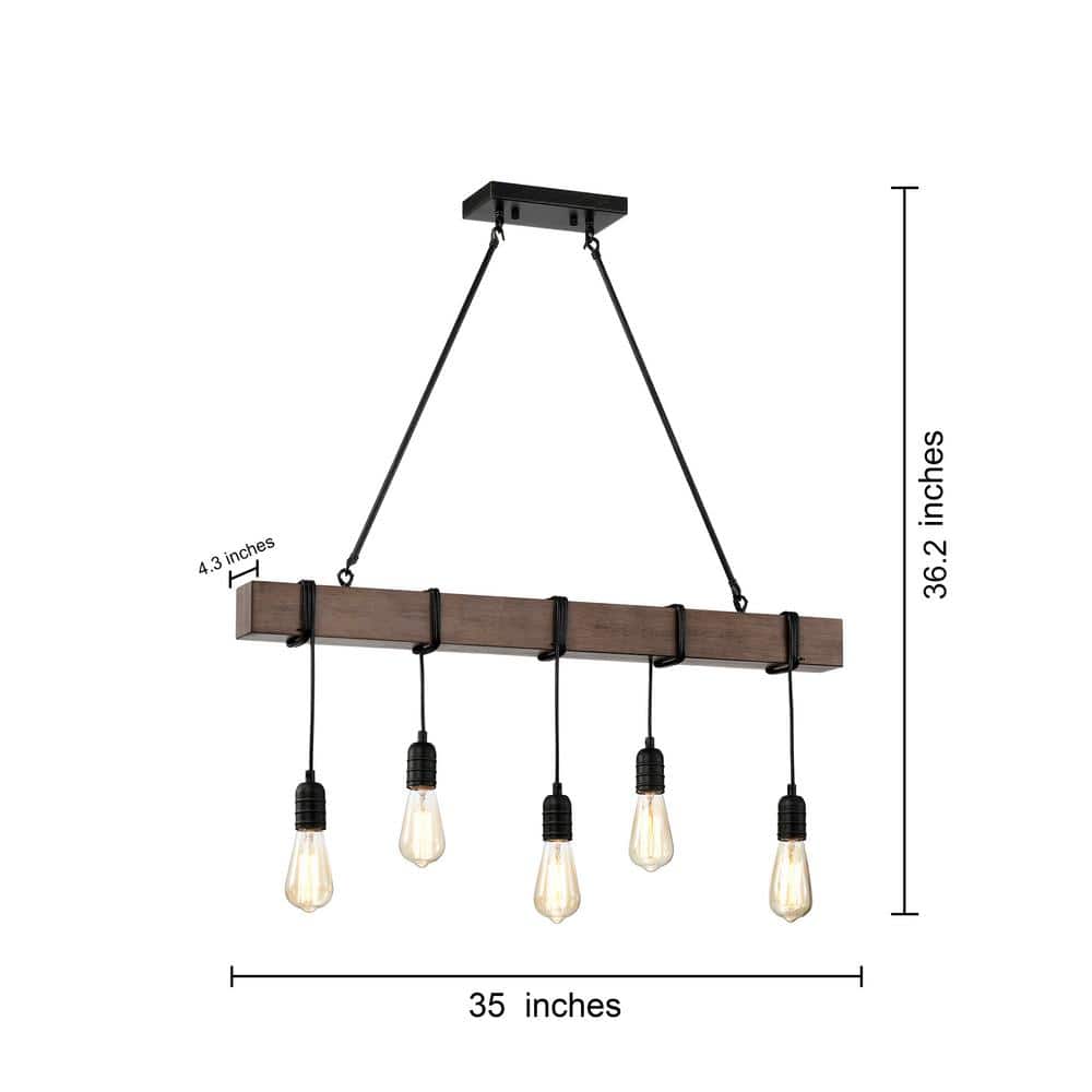 Antique Black and Natural Wood 5-Light Linear Chandelier