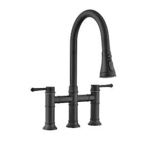 Double-Handle 360-Degree Swivel Spout Bridge Kitchen Faucet with Pull-Down Spray Head and 3 Modes in Matte Black