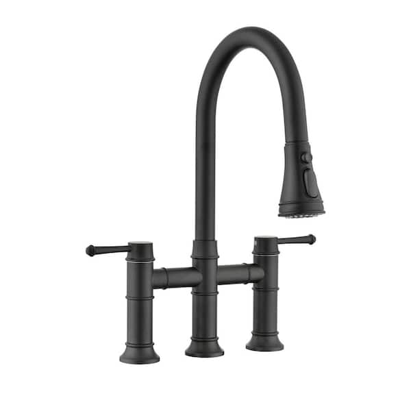 UPIKER Double-Handle 360-Degree Swivel Spout Bridge Kitchen Faucet with Pull-Down Spray Head and 3 Modes in Matte Black
