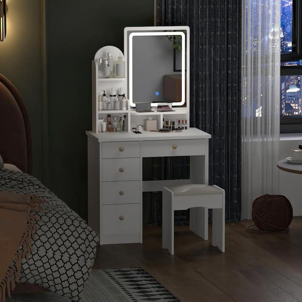 5 Drawers White Makeup Vanity Sets, Vanity Mirror With Lights And Table Set Drawers