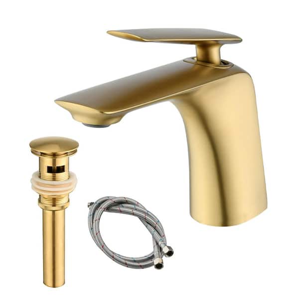 Single Hole Bathroom Faucet 1.2 GPM, Single Handle Bath Sink Faucet with Pop Up Drain &Water Supply Hose in Brushed Gold