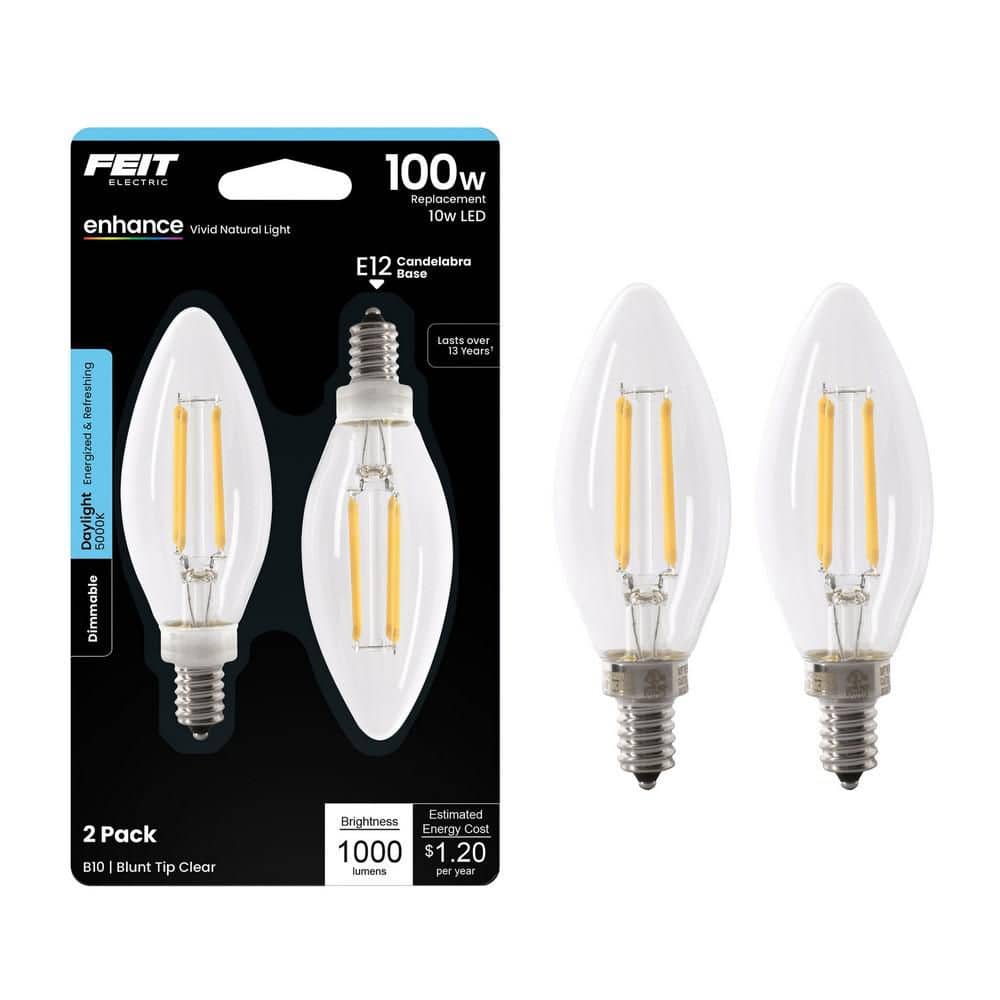 Feit Electric 100-Watt Equivalent B10 E12 Candelabra Dimmable Filament CEC Clear Chandelier LED Light Bulb Daylight 5000K (2-Pack)