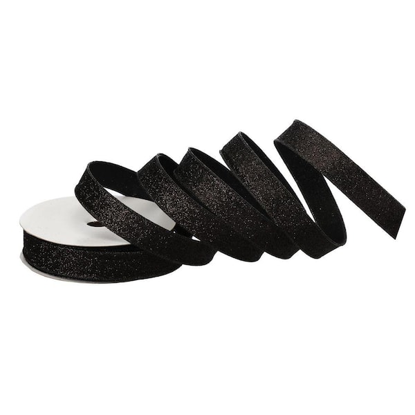 1 in. x 20Y Black Wired Glitter Satin Christmas Ribbon