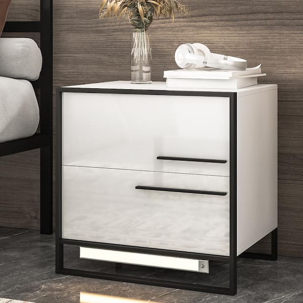 Modern LED 2-Drawer White&Black Nightstand 21.7 in. H x 21.7 in. W x 17.7  in. D With Motion Sensor Light