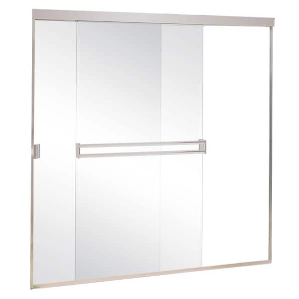 Contractors Wardrobe Model 1050 59 ? in. x 57 ? in. Frameless Bypass Sliding Tub Enclosure in Satin Nickel with Rain Glass and Towel Bar