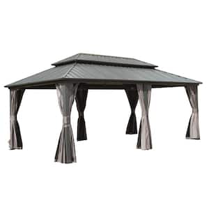 12 ft. x 20 ft. Gray Outdoor Aluminum Hardtop Gazebo with Galvanized Steel Double Roof, Netting and Curtains