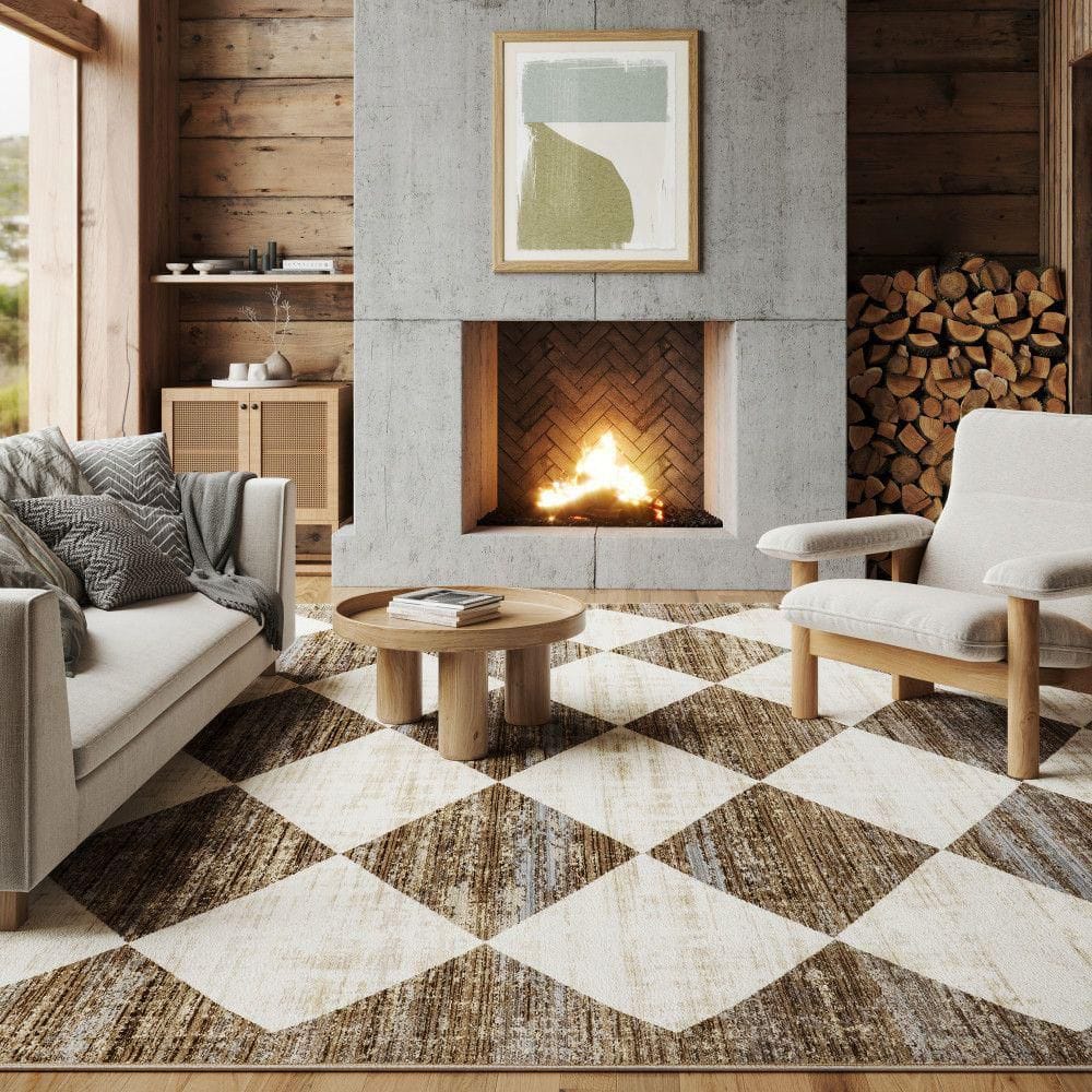 Meline Beige and Brown Checkered Rectangular Area Rug