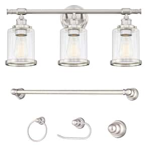 23.5 in. 3-Light Brushed Nickel Vanity Light with Clear Glass Shades and Bathroom Hardware Set (5-Piece)