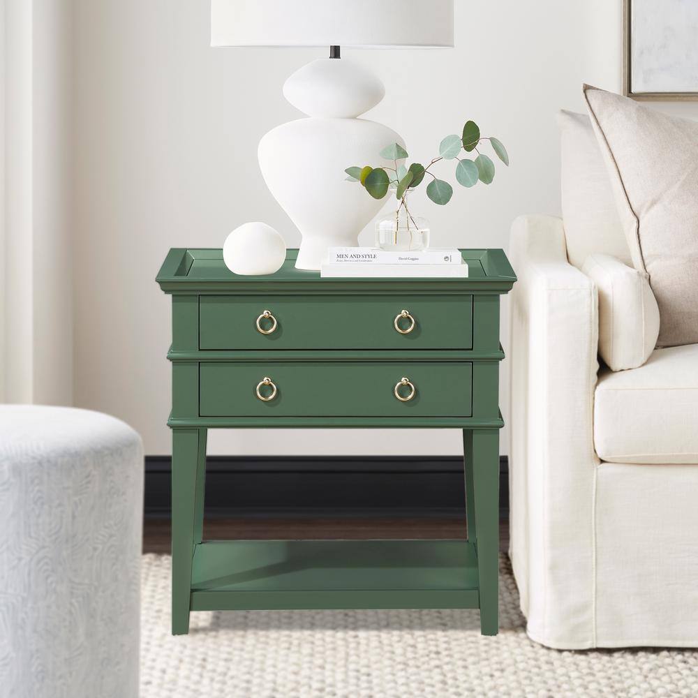 Clara Vintage Green Wood 2-Drawer Tray Top Nightstand