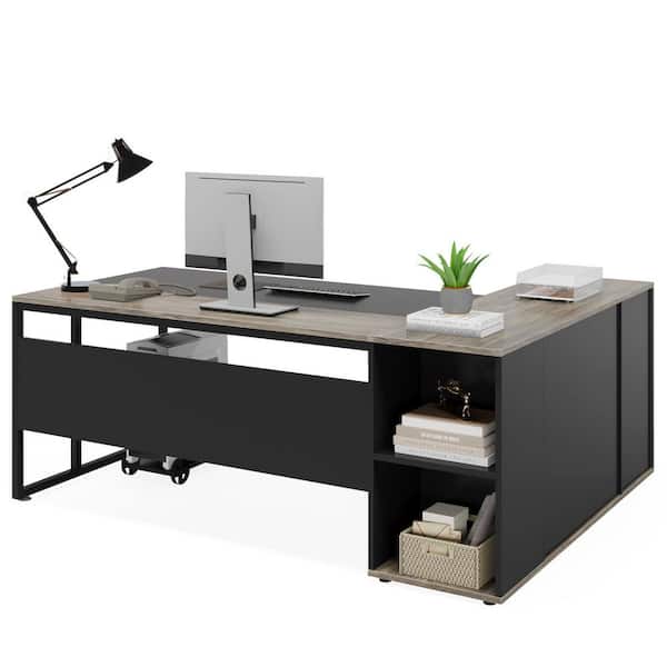 Lanit 71 in. L-Shaped Gray Black Engineered Wood Office Computer Executive Desk Large Workstation Business Set Cabinet