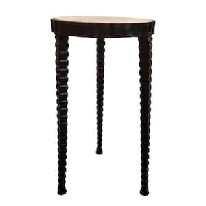 10 In. Brown and Black Round Wooden Side Table with Tapered Tripod Base
