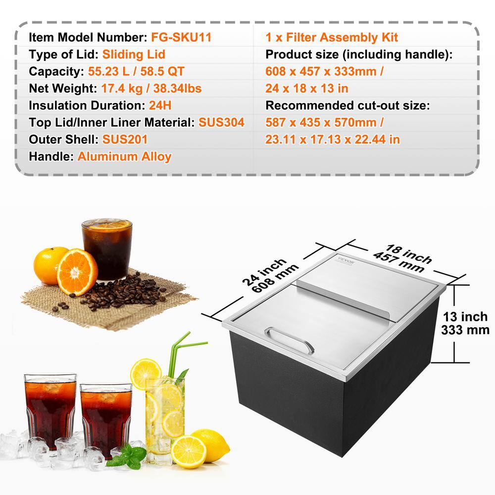 Stainless Steel Drop-In Ice Chest with Sliding Cover