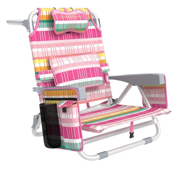 Beach Chair 5-Position Adjustable Backpack Cooler Bag 350 lb. Heavy-Duty Metal Folding Camping Chair Lumbar Pillow
