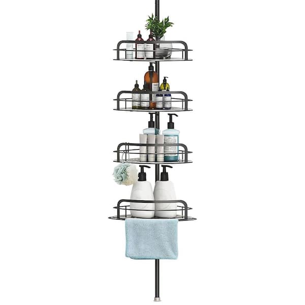 Freestanding Corner Shower Caddy in Black with 4-Adjustable Shelves, Tension Pole, Towel Bar and Hanging Hook