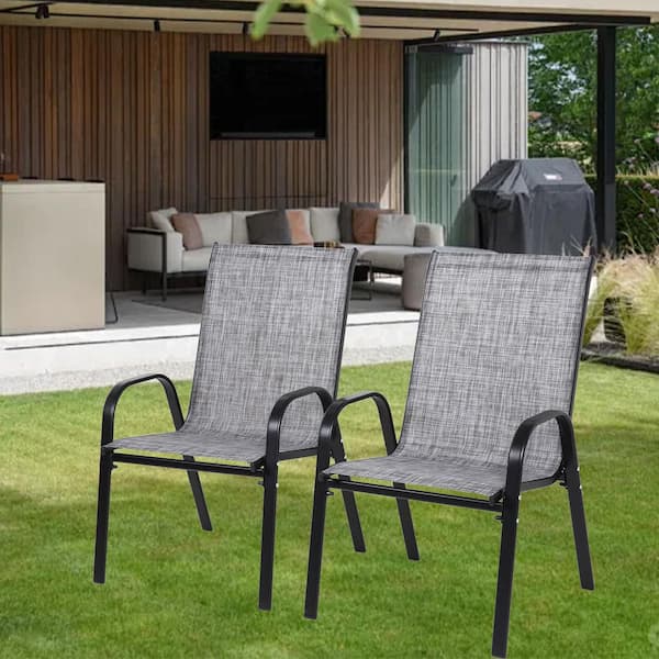 Otryad Steel Outdoor Dining Chair in Grey Set of 2, Patio Chairs with Breathable Textilene Fabric, Armrest High Backrest