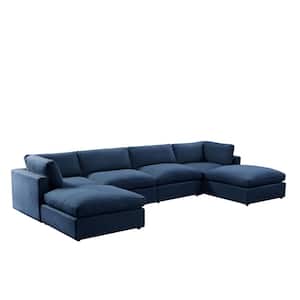 Yaritza 72 in. Wide Flared Arm Upholstered Linen U-Shaped 6-Seat Sofa in Navy