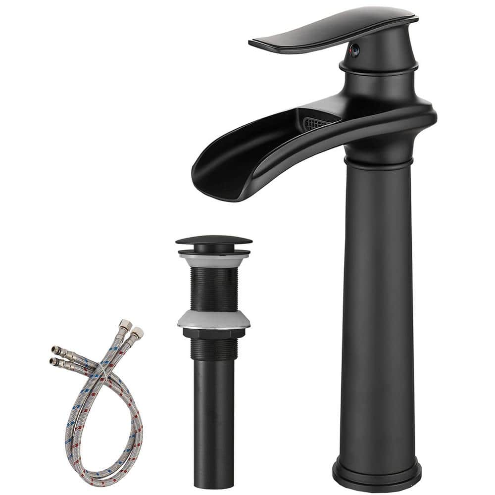 Matte Black Single Handle Waterfall Vessel Sink Faucet with Pop-Up Drain