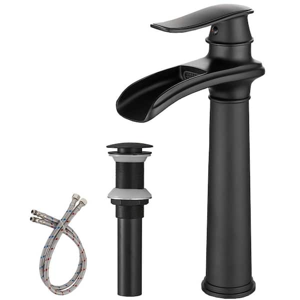 HOMEMYSTIQUE Waterfall Single Hole Single Handle Vessel Sink Faucet With Pop-Up Drain Assembly in Matte Black
