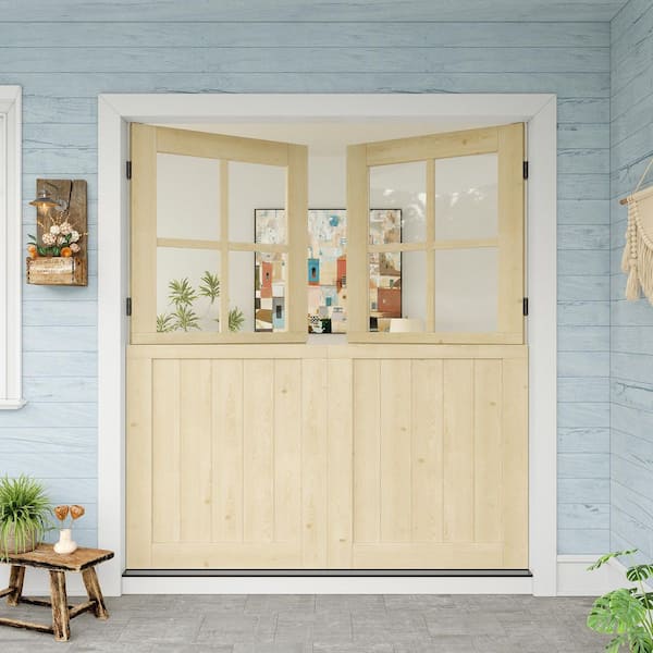 72 in. x 80 in. Solid Pine Universal 4 Lite Clear Glass Unfinished Dutch Door Wood Front Door Slab with Hardware