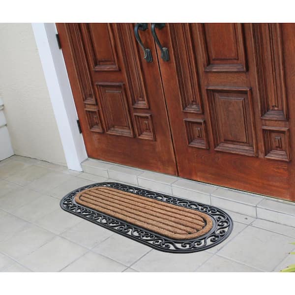 A1HC First Impression Striped Oval Black/Beige 18 in. x 48 in. Rubber and Coir Double Door Mat