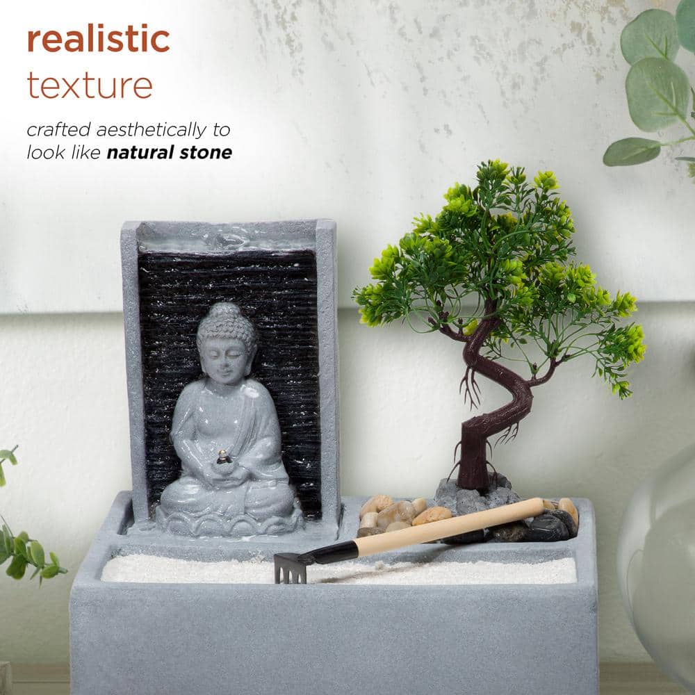 Gray Cement Buddha Bonsai Garden Tabletop Fountain with LED Light