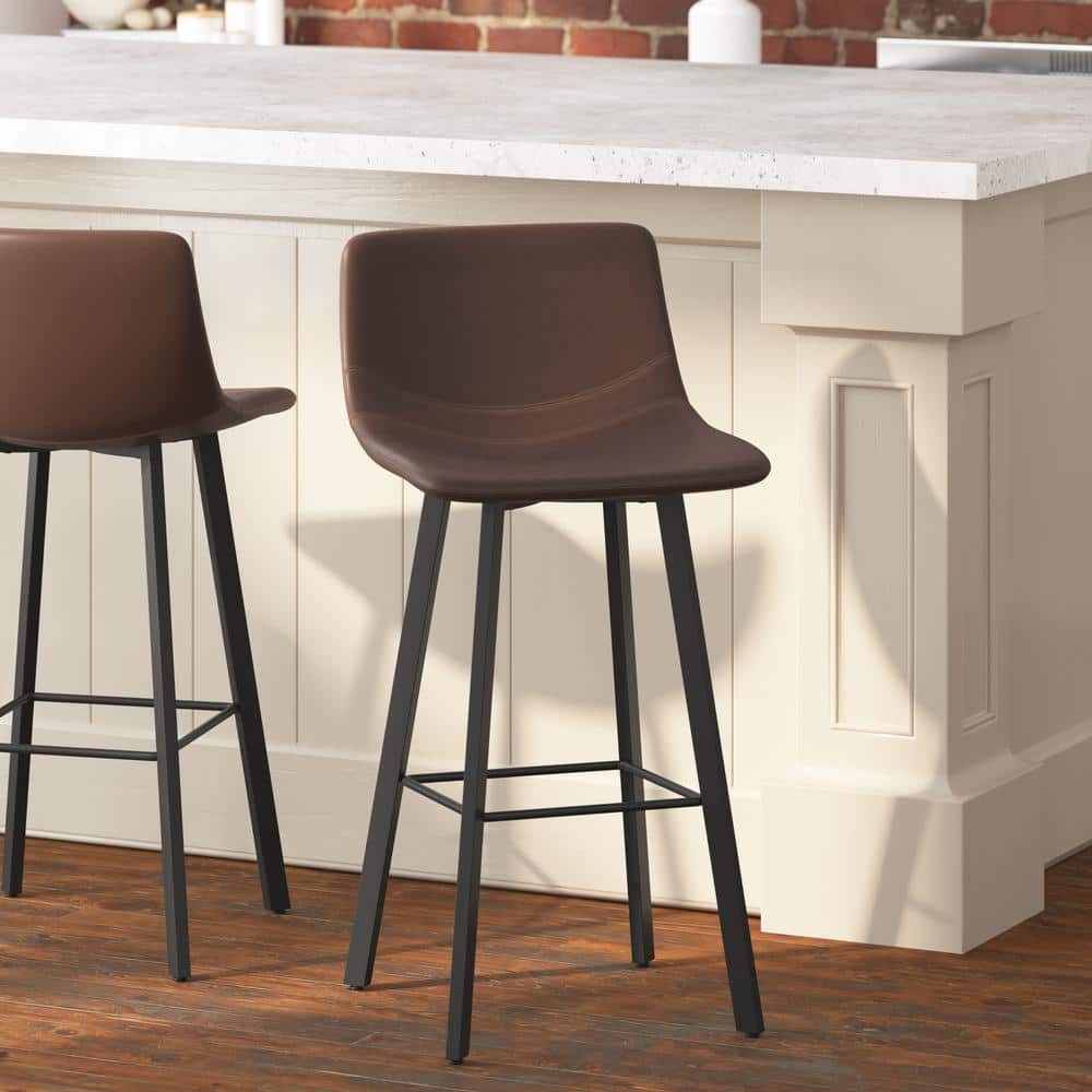 Chocolate Brown Faux Leather Counter Stools with Metal Frame, Set of 2