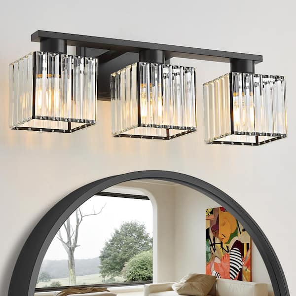 Modern Luxury 21 in. 3-Light Black Bathroom Vanity Light with Crystal Shade, Enhance the Beauty of Your Bathroom