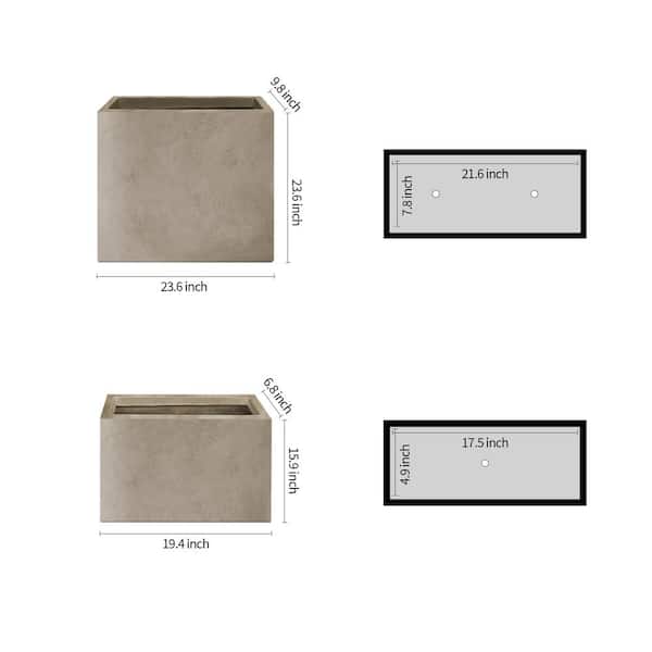 23.6" & 19.4"L Rectangular Weathered Finish Lightweight Concrete Long Planter w/ Drainage Hole Set of 2 Outdoor/Indoor